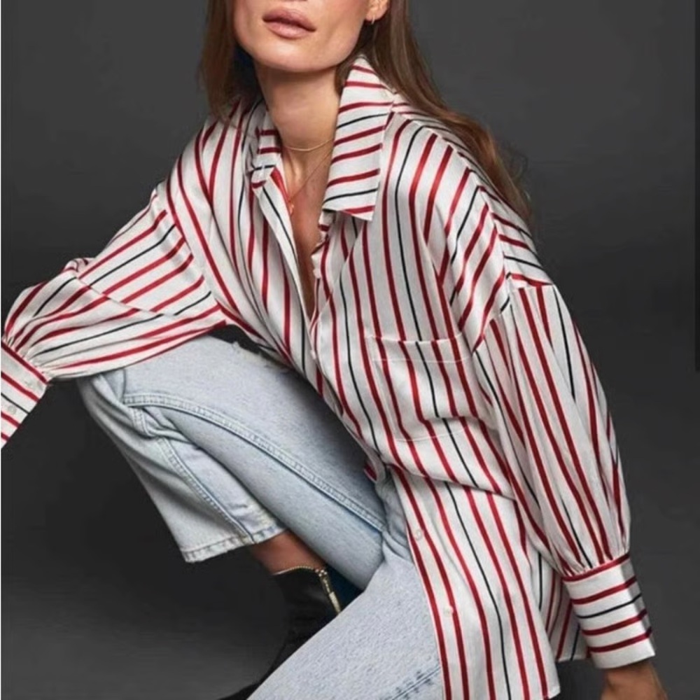 Anine Bing Red and White Striped Button Down Shirt
